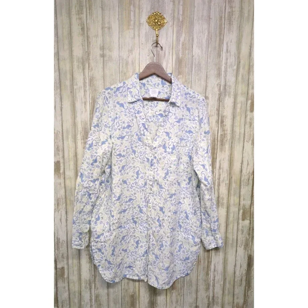 Sigrid Olsen 100% Linen Tunic Button Up Shirt Sea Horse Nautical Starfish Large - Picture 1 of 13